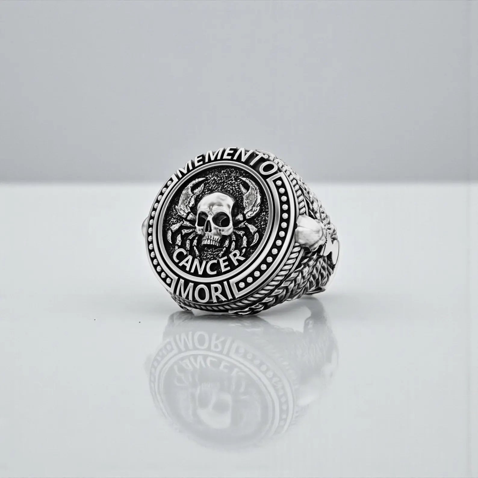 Handcrafted Memento Mori Cancer skull ring made of 925 sterling silver featuring gothic zodiac symbolism and an oxidized finish