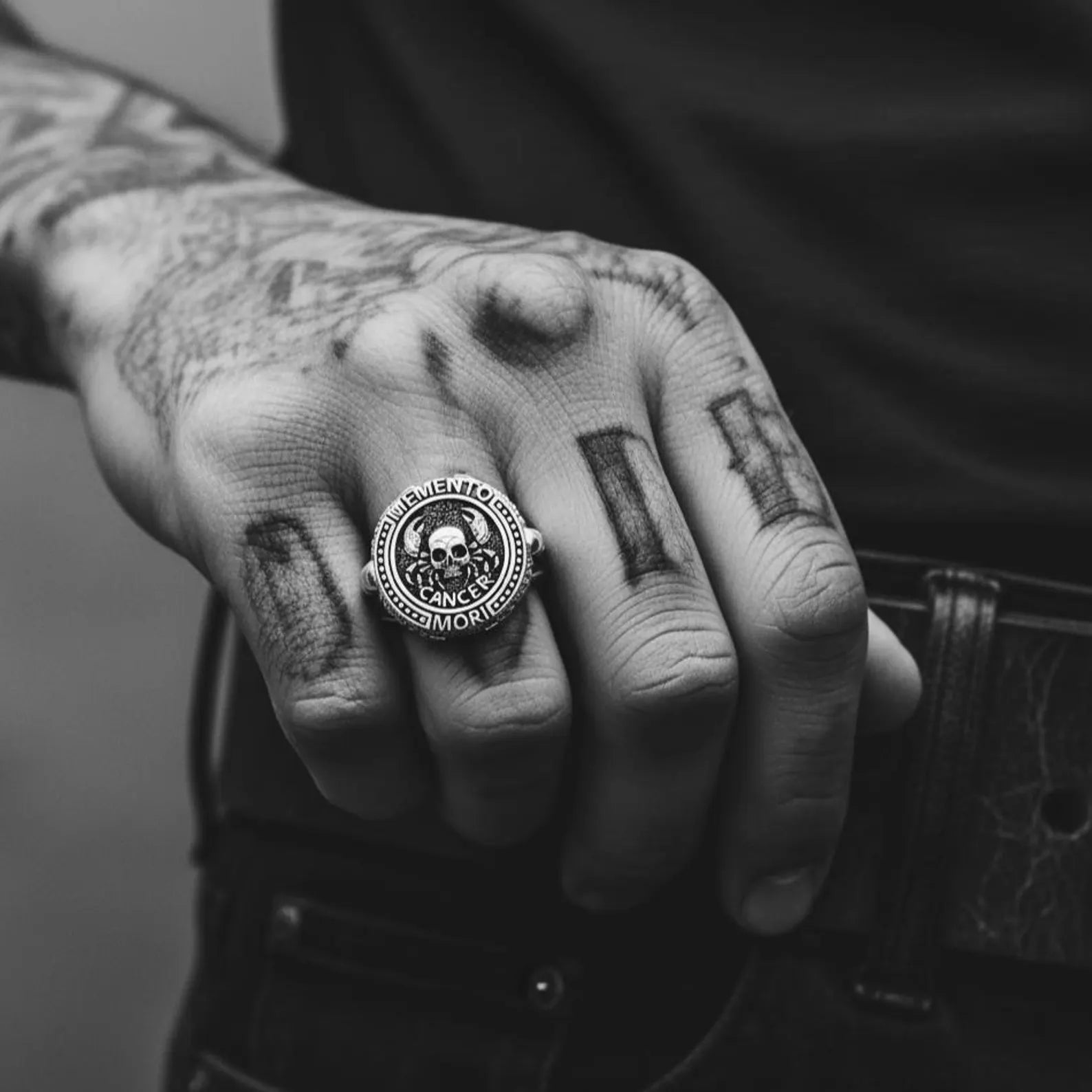 Cancer zodiac skull ring for men featuring intricate details, handcrafted 925 silver, and dark gothic aesthetic