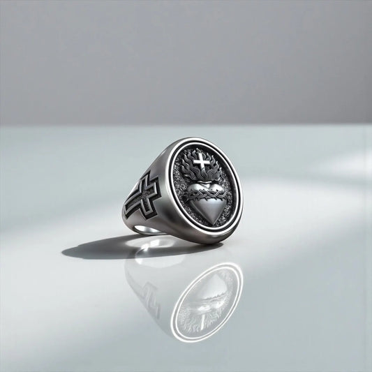 Sterling silver Jesus Sacred Heart emblem cross ring for men, Christian religious signet ring symbolizing faith, devotion, divine love and spiritual strength, handmade oxidized silver jewelry