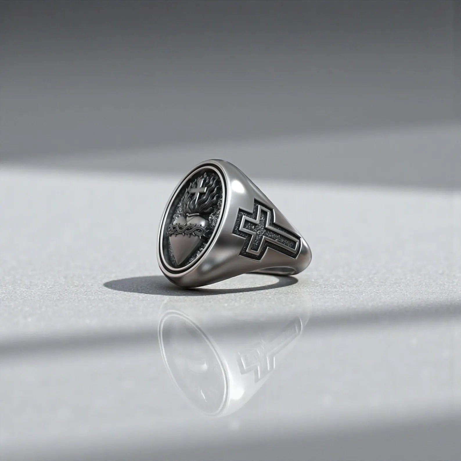 Bold Jesus Sacred Heart signet ring in solid sterling silver, oxidized Christian cross ring for men, spiritual faith-based jewelry with religious symbolism and timeless design