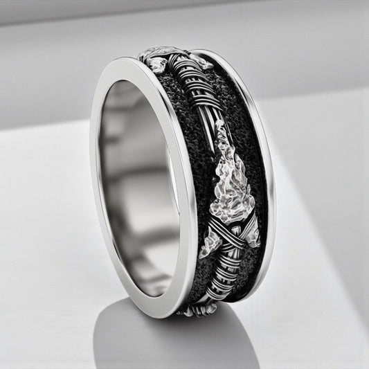 Norse mythology inspired arrow band ring for men crafted in solid sterling silver, representing protection, focus and determination, bold yet minimalist Viking statement jewelry