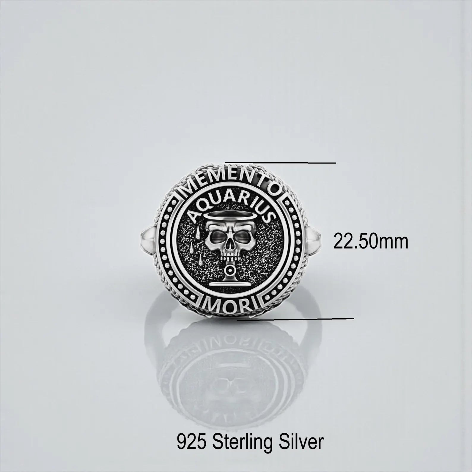 Sterling silver Memento Mori zodiac ring for men showcasing an Aquarius skull design, blending gothic aesthetics with astrological significance and bold masculine character.