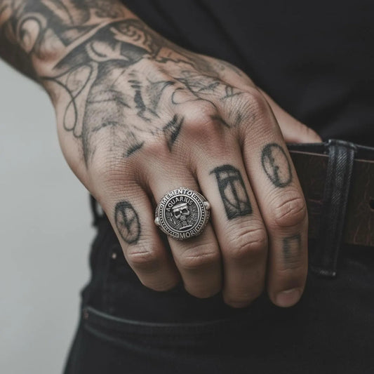 Handcrafted Aquarius zodiac ring in sterling silver with a detailed skull motif, inspired by Memento Mori philosophy and astrological symbolism for men who value meaning and style.