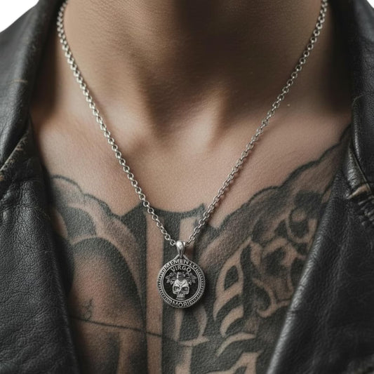 Handcrafted sterling silver Virgo skull pendant necklace with zodiac symbolism, gothic memento mori design, detailed round medallion, masculine horoscope jewelry for men and unisex wear