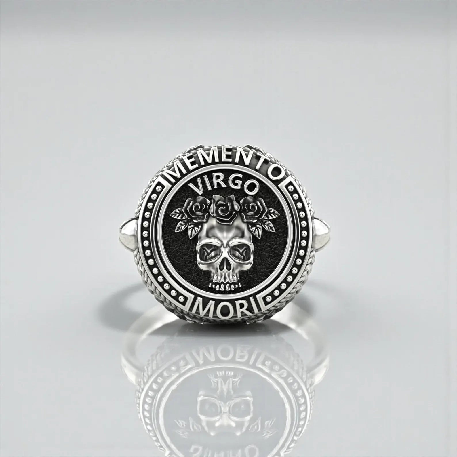 Handcrafted Virgo zodiac skull ring in sterling silver, symbolizing duality, mortality, wisdom, and personal transformation through powerful Memento Mori imagery.