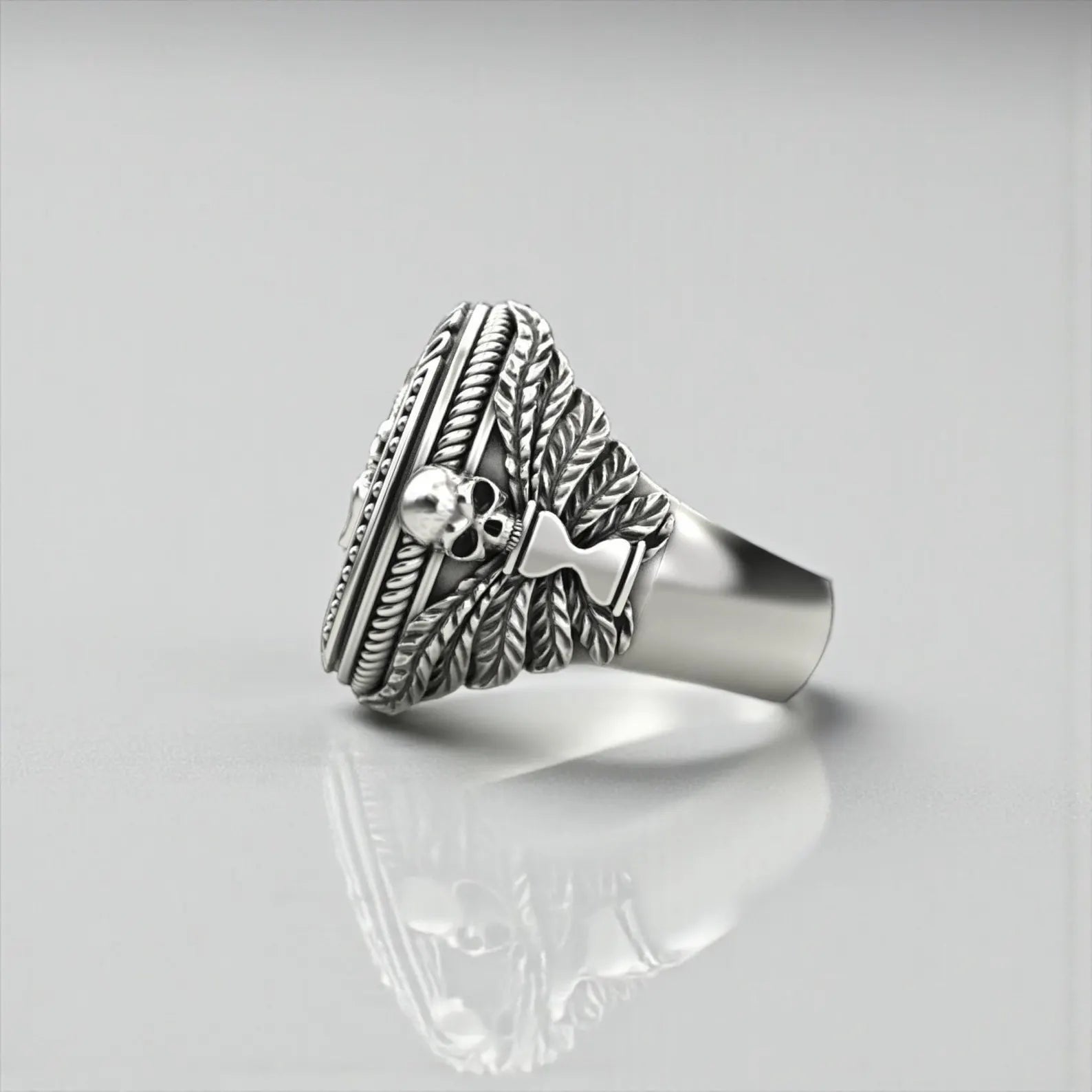 Statement Pisces zodiac ring for men featuring a fish skeleton emblem, showcasing handcrafted silver detailing and deep symbolic meaning rooted in Memento Mori philosophy.