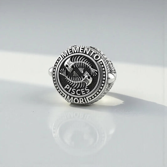 Handcrafted Memento Mori Pisces ring made from premium 925 sterling silver, featuring a detailed fish skeleton design that blends gothic symbolism with Pisces zodiac meaning for collectors and astrology enthusiasts.