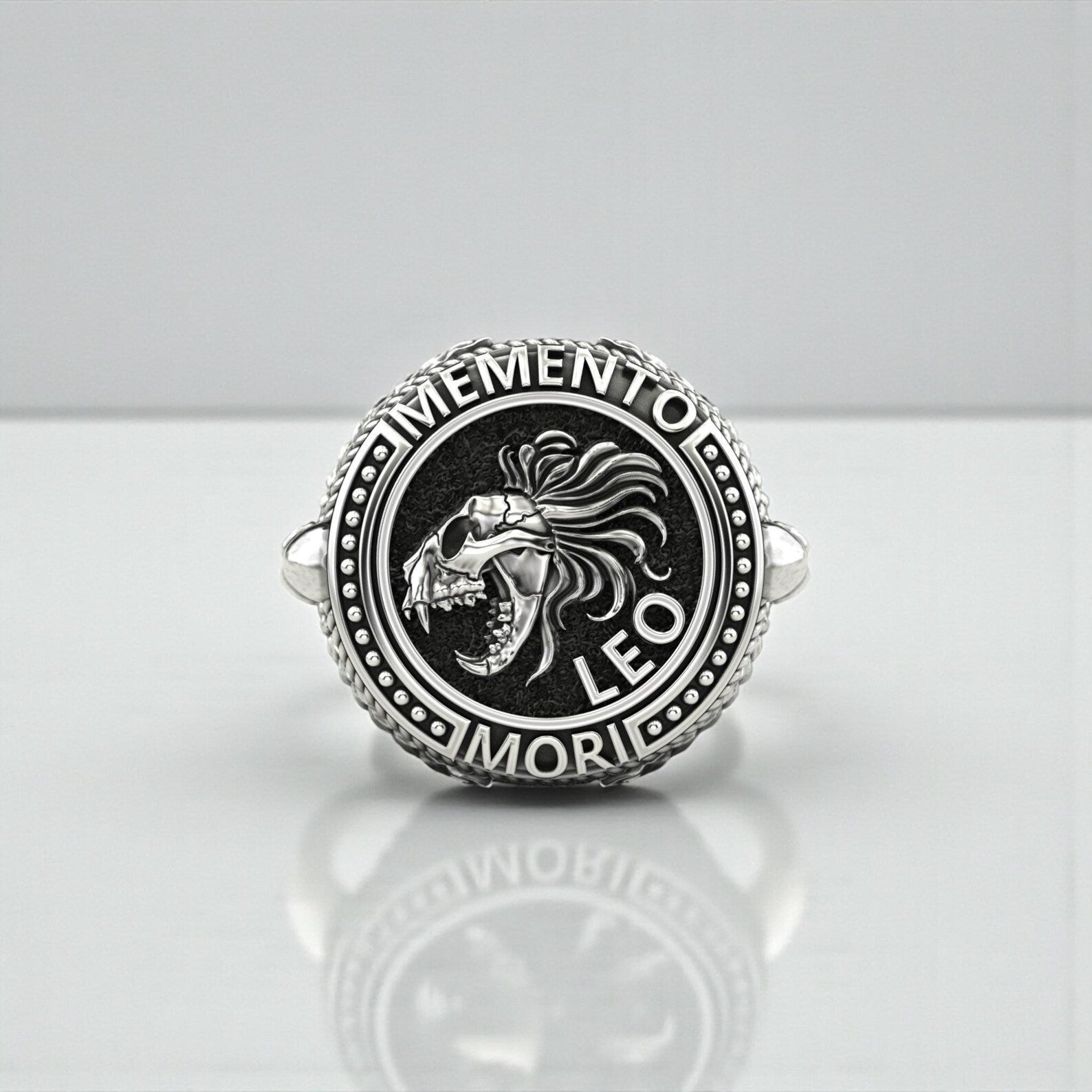 Bold biker-style Leo ring made from hypoallergenic sterling silver, created for collectors and zodiac enthusiasts who appreciate powerful gothic jewelry.