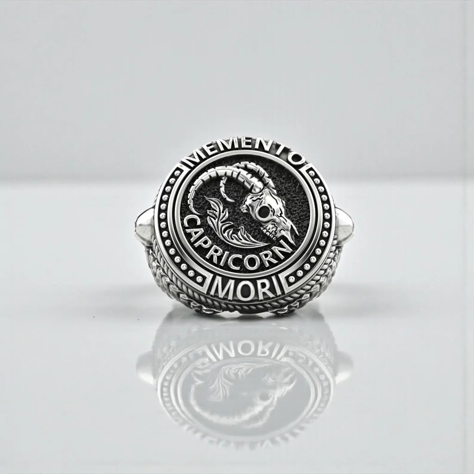 Handcrafted Memento Mori Capricorn ring made from high-quality 925 sterling silver, featuring a detailed goat skull design symbolizing discipline, ambition, and endurance for astrology enthusiasts.