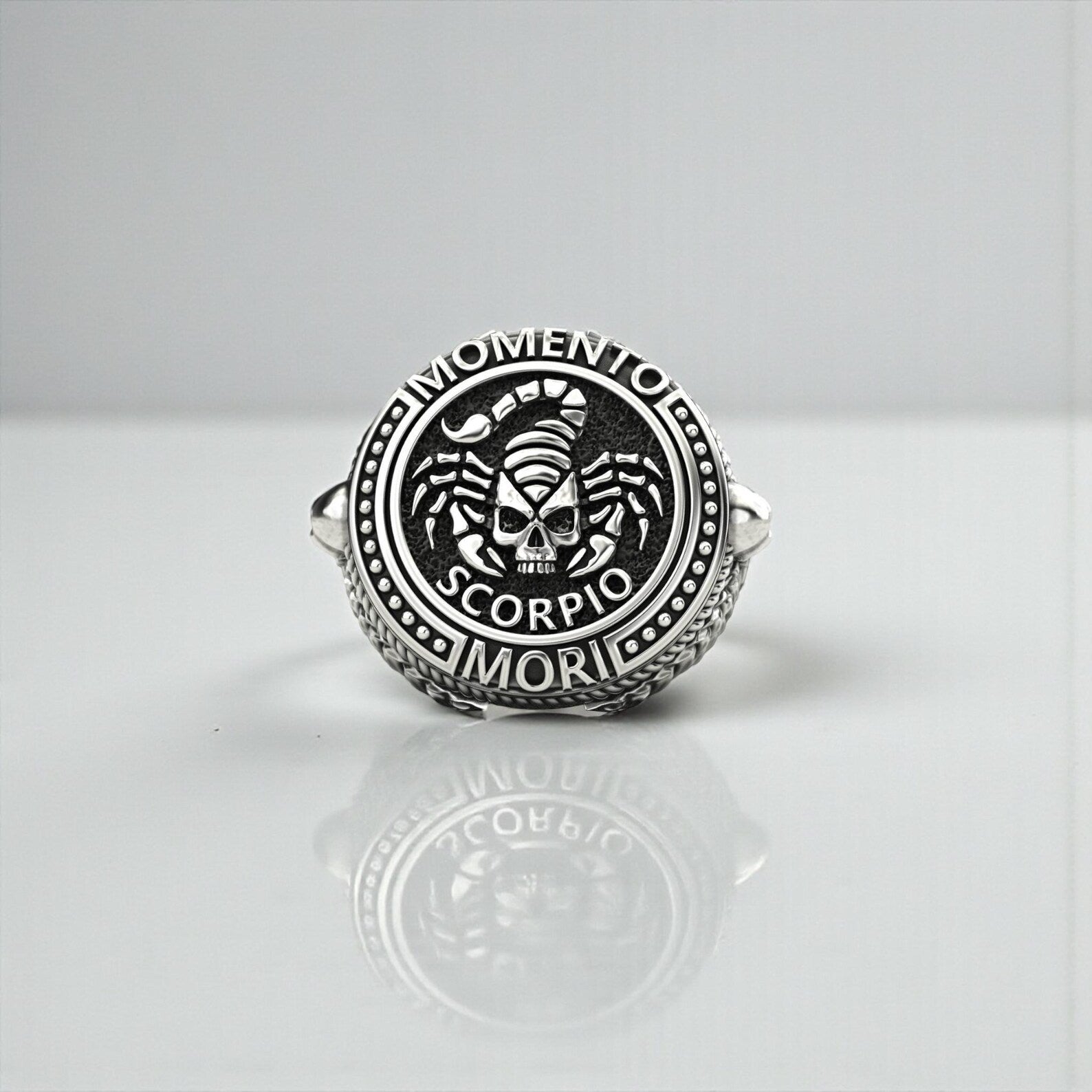 Gothic Scorpio zodiac ring crafted from 925 sterling silver, skull and scorpion motif memento mori jewelry for astrology lovers and bikers