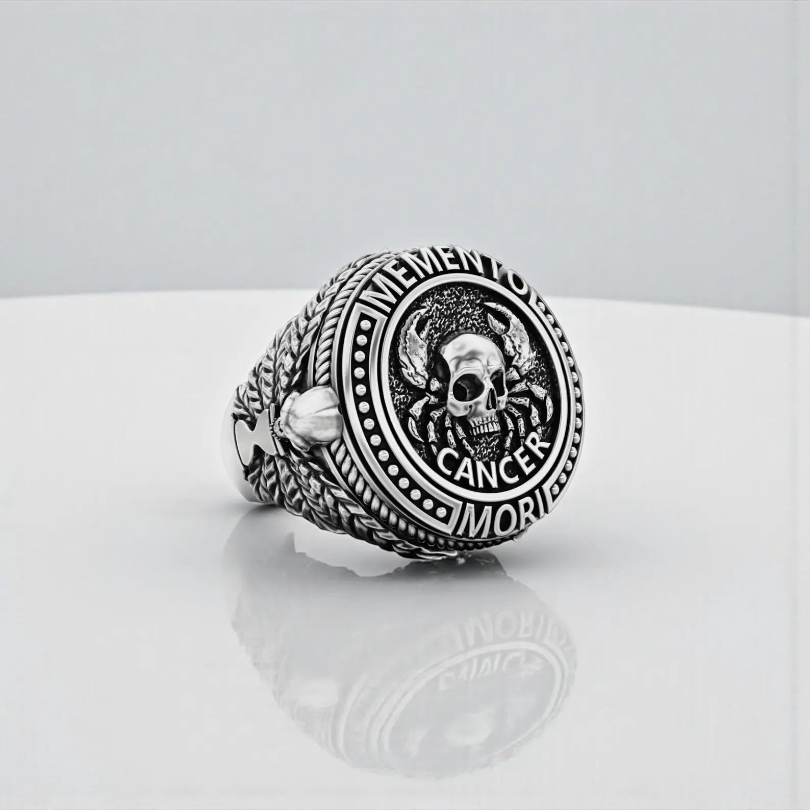 Memento Mori Cancer skull ring for astrology lovers, handmade sterling silver gothic jewelry with deep symbolic meaning