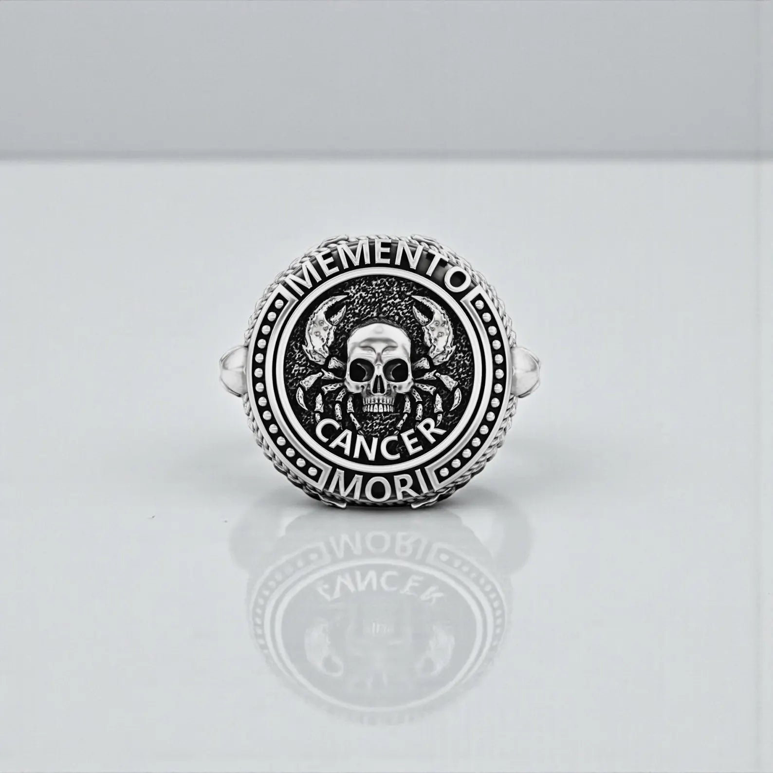 Detailed Cancer skull signet ring in 925 sterling silver, handmade gothic jewelry symbolizing intuition, protection, and emotional strength