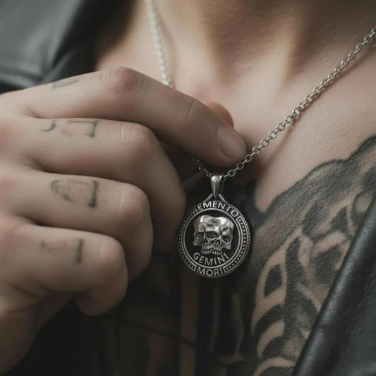 Handcrafted sterling silver Gemini zodiac necklace with Memento Mori design, gothic astrology jewelry for men and unisex wear