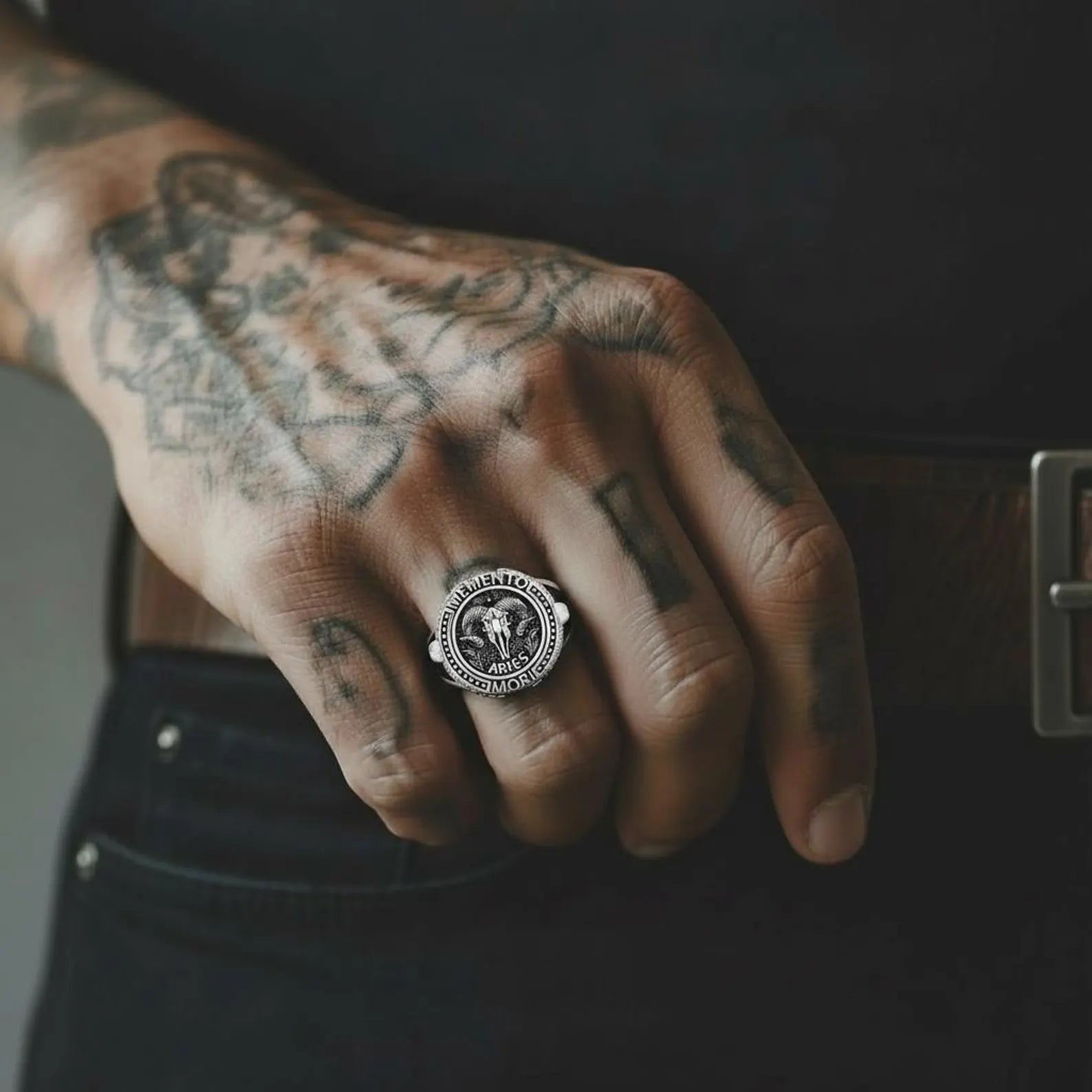 Aries zodiac skull signet ring in solid sterling silver, bold masculine gothic biker ring inspired by Memento Mori philosophy and astrological symbolism