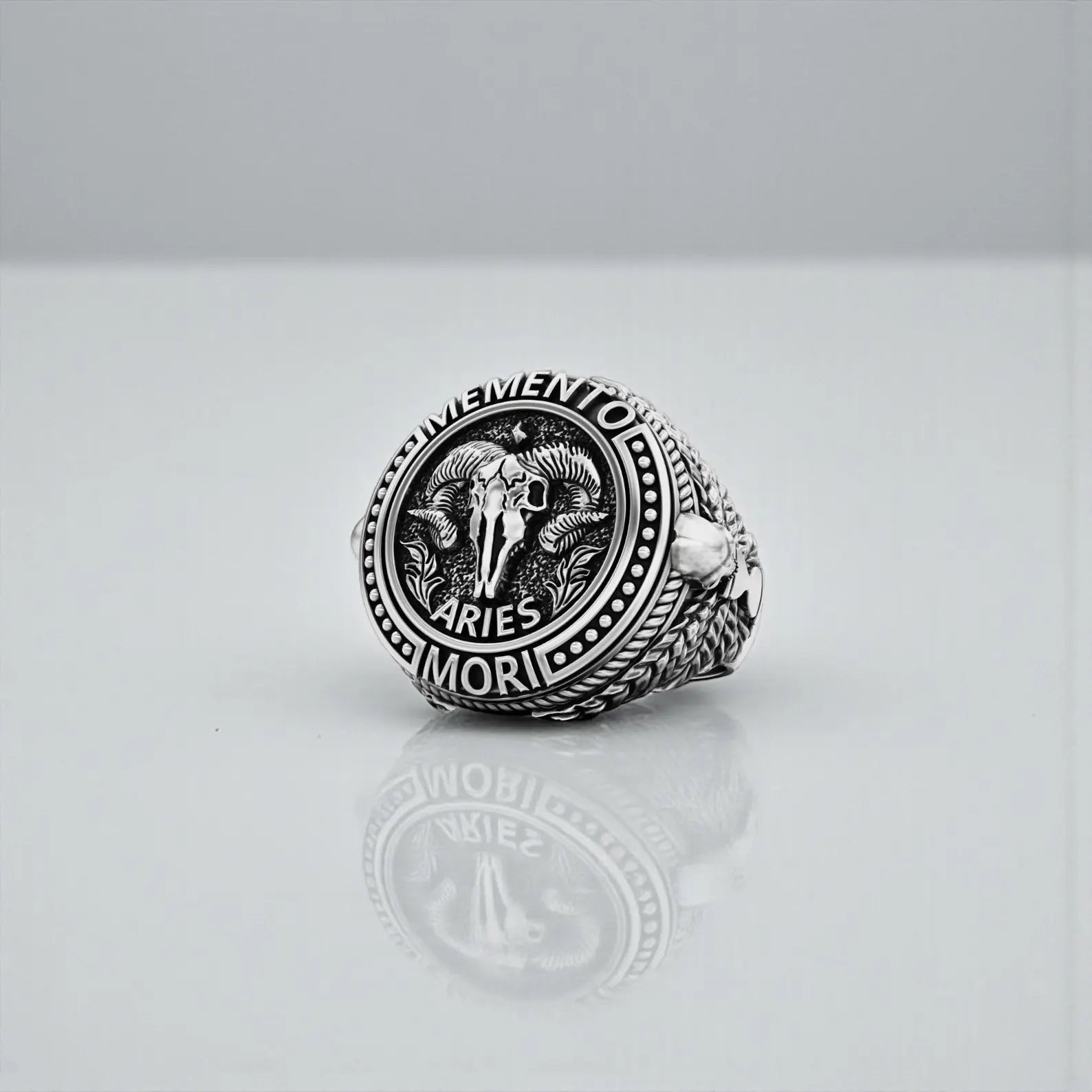Men’s Aries skull ring in sterling silver, zodiac signet ring symbolizing courage, leadership, strength, and warrior spirit