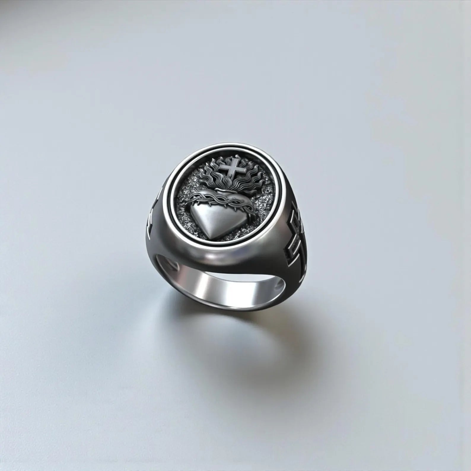 Faith-inspired Jesus Sacred Heart ring crafted in 925 sterling silver, detailed Christian cross emblem, masculine religious statement ring for daily wear and spiritual expression