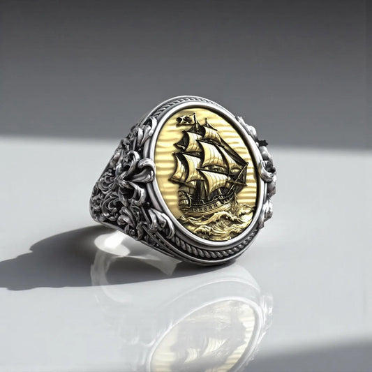 Baroque pirate ship sterling silver signet ring with gold accents for men, handcrafted nautical statement jewelry featuring oxidized finish, detailed maritime ship design, bold masculine style, and luxury craftsmanship