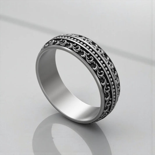 Vintage floral pattern sterling silver baroque band ring for men, handcrafted 925 silver statement ring with intricate floral engravings and oxidized finish, masculine vintage jewelry design