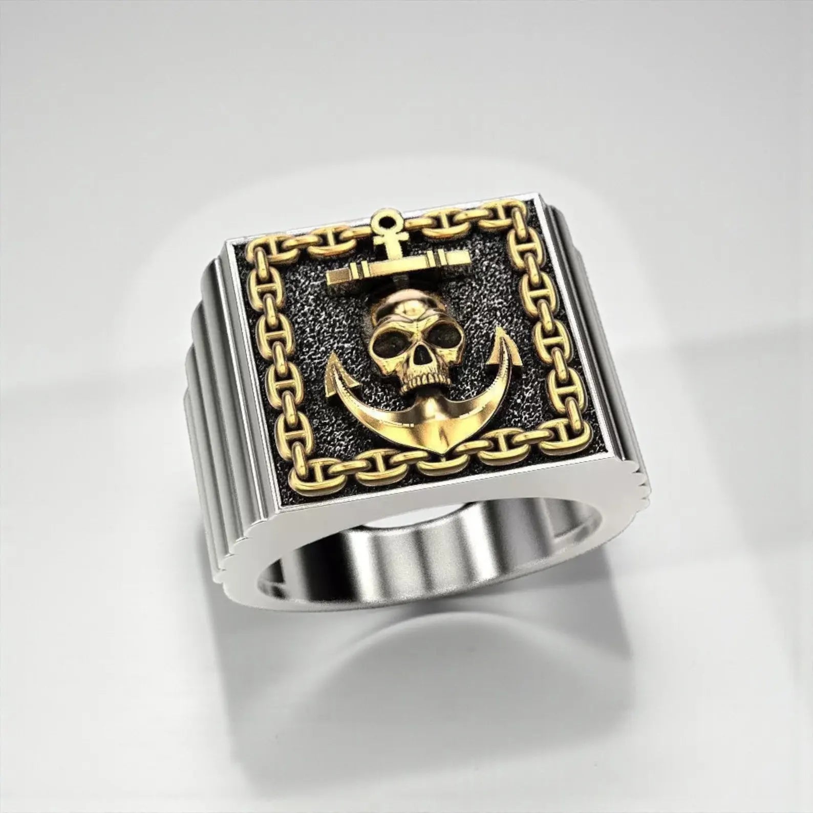 Sterling silver pirate ring for men inspired by seafaring culture, combining skull symbolism with anchor meaning of stability and hope