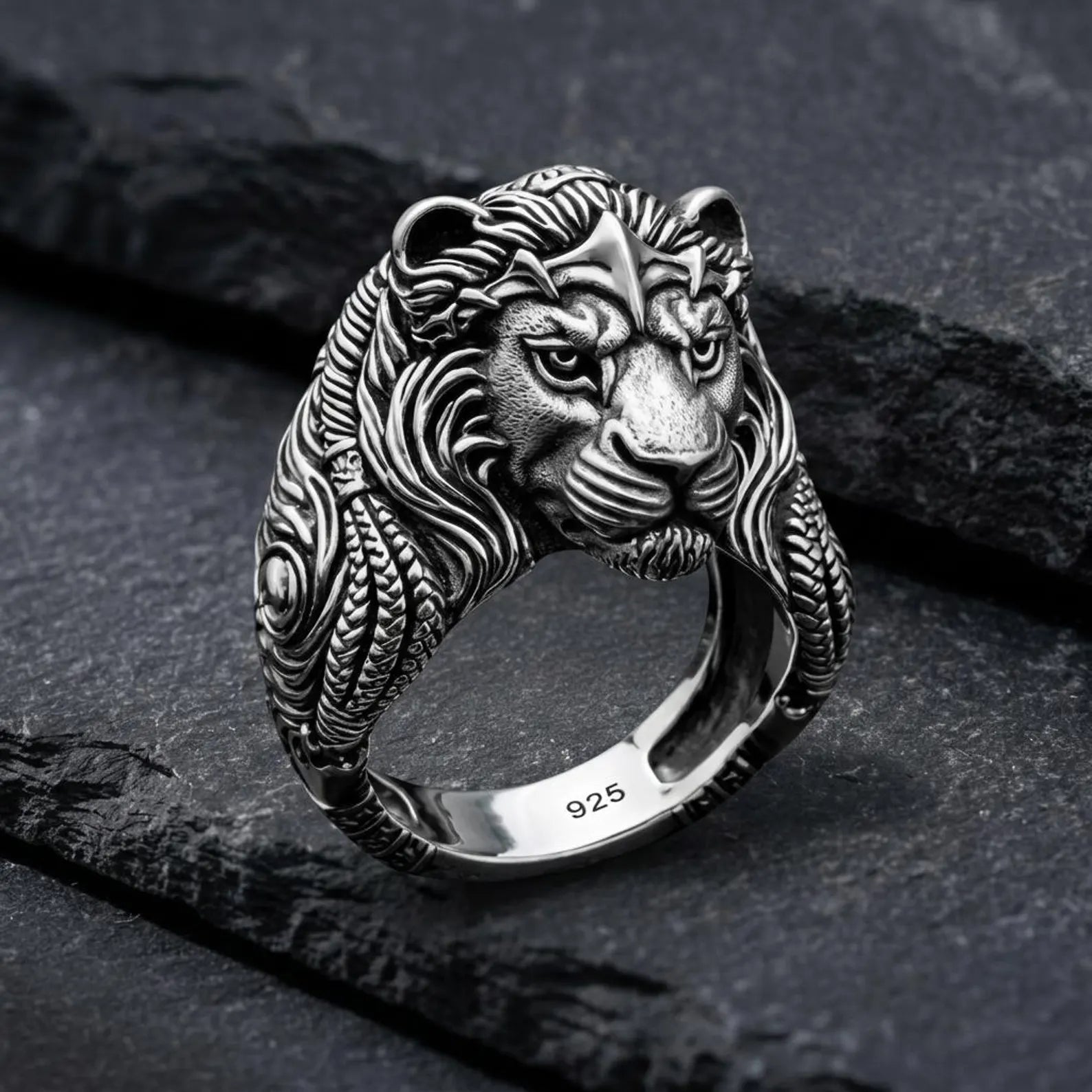 Unique lion king ring with intricate engraving details, handcrafted masculine jewelry perfect for everyday wear or special occasions