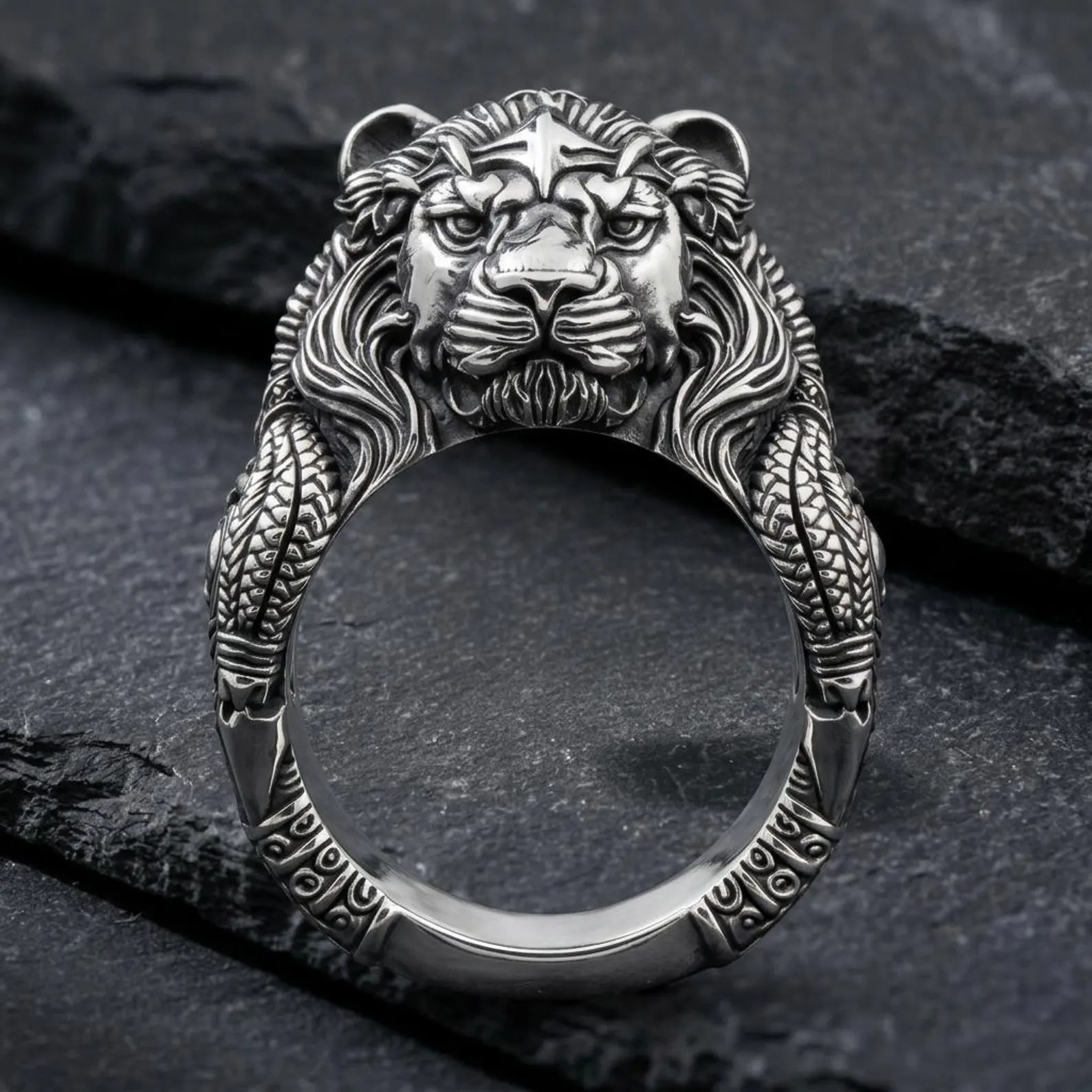 Detailed lion king ring close-up showing textured mane and expressive design, bold animal-inspired jewelry piece
