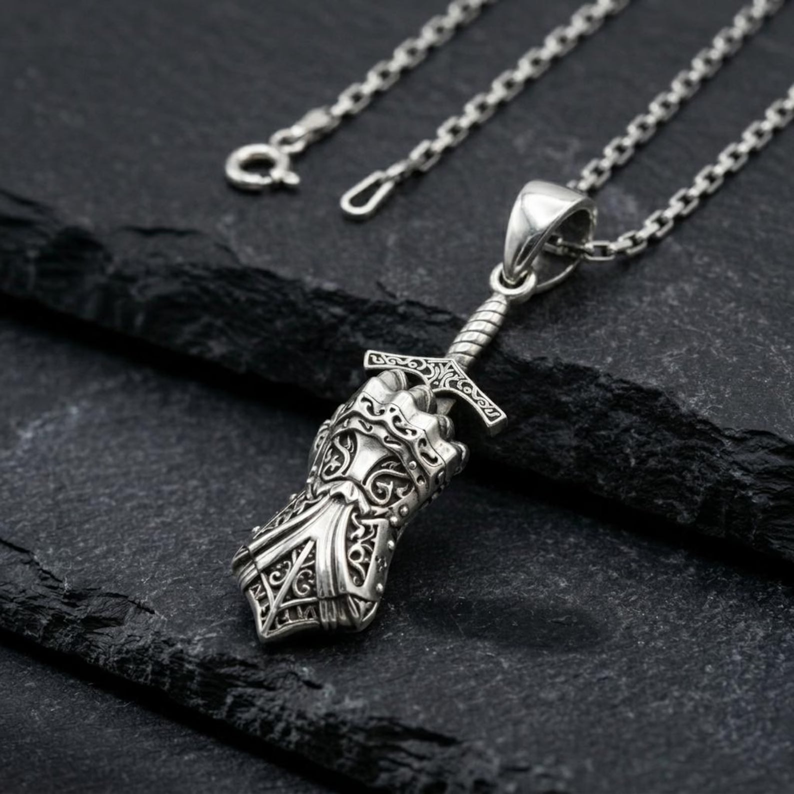 Handmade knight gauntlet pendant necklace for men with oxidized sterling silver finish, detailed symbolic jewelry piece representing strength, resilience, and medieval warrior spirit