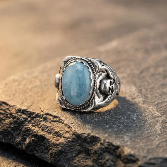 Skull Ring with Aquamarine