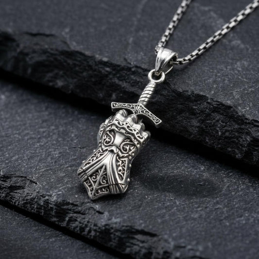 Medieval knight gauntlet pendant necklace crafted from 925 sterling silver, featuring detailed armored glove design with oxidized finish, handcrafted bold statement jewelry symbolizing strength, protection, and warrior spirit