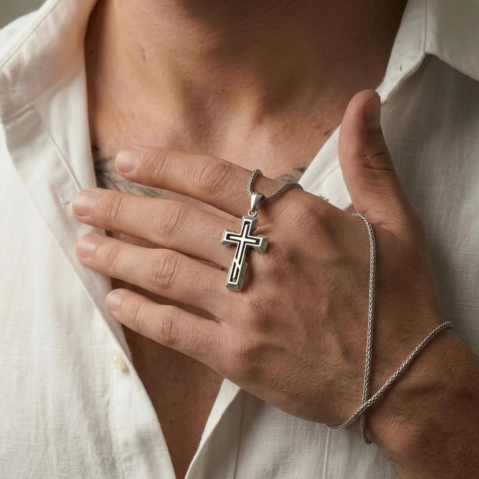 minimalist cross necklace for men in high quality sterling silver, designed as a meaningful Christian gift symbolizing protection inner strength and spiritual connection