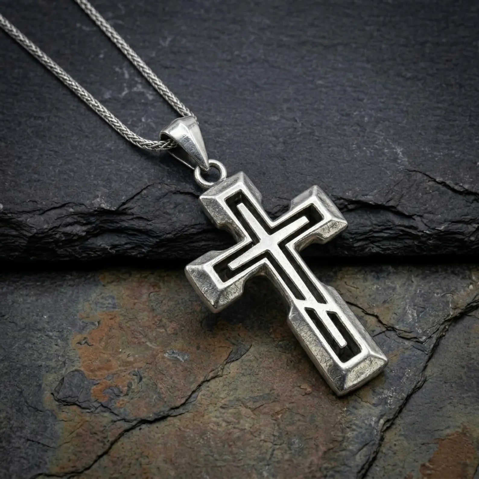 religious cross necklace for men made from 925 sterling silver, featuring a durable handcrafted structure and timeless faith inspired design for daily use