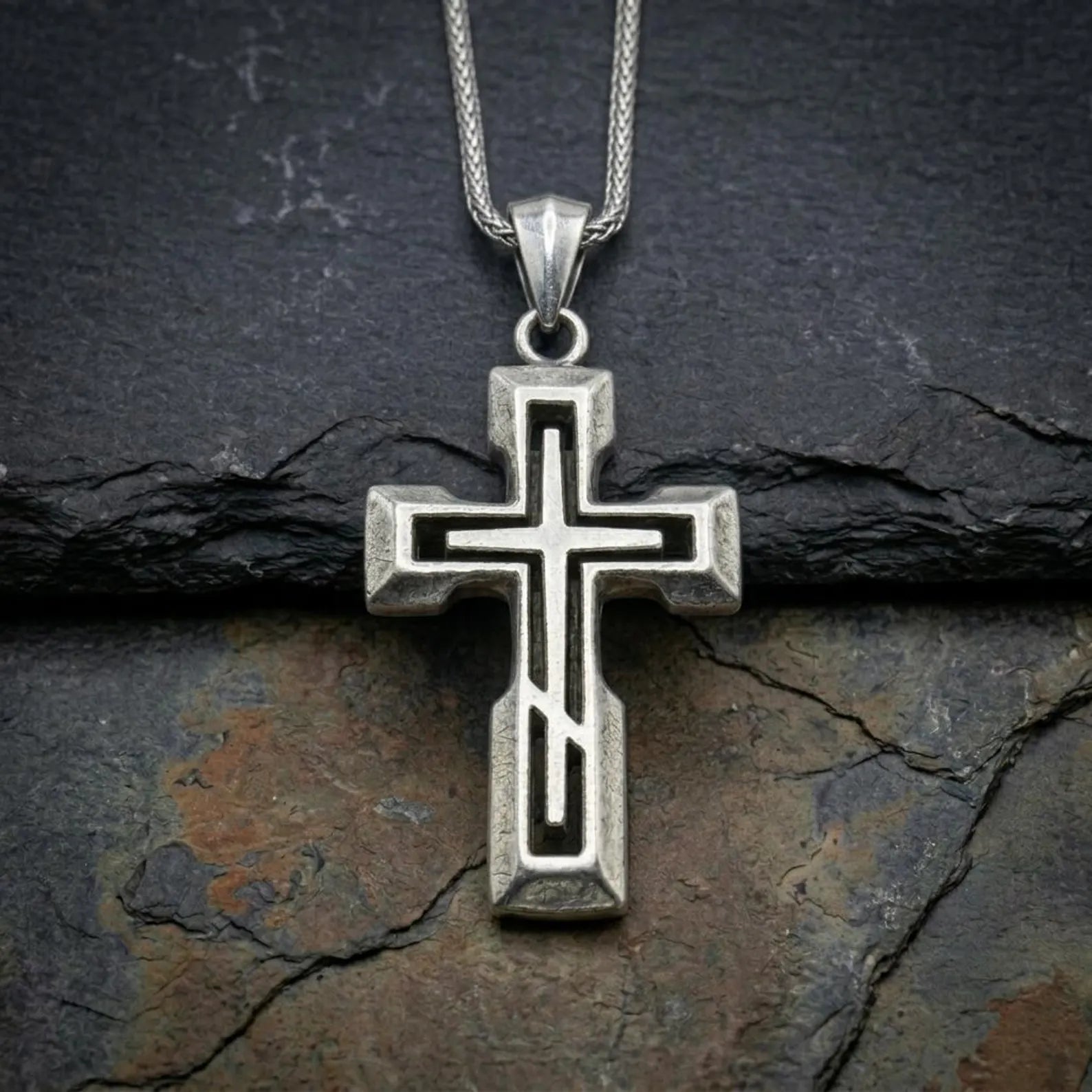 handcrafted 925 sterling silver cross necklace for men with minimalist design and oxidized finish, bold Christian religious jewelry symbolizing faith strength and devotion
