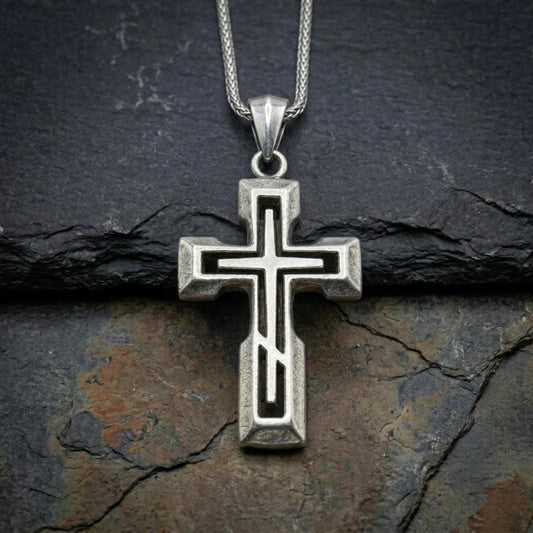 handcrafted 925 sterling silver cross necklace for men with minimalist design and oxidized finish, bold Christian religious jewelry symbolizing faith strength and devotion