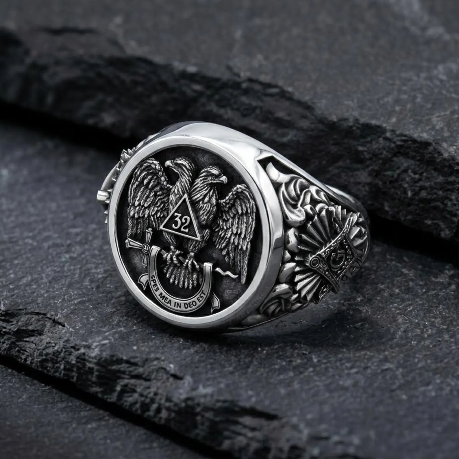 Gothic Heraldic Eagle Signet Ring for Men crafted from sterling silver, showcasing a majestic double headed eagle symbol representing power, wisdom, strength, and legacy.