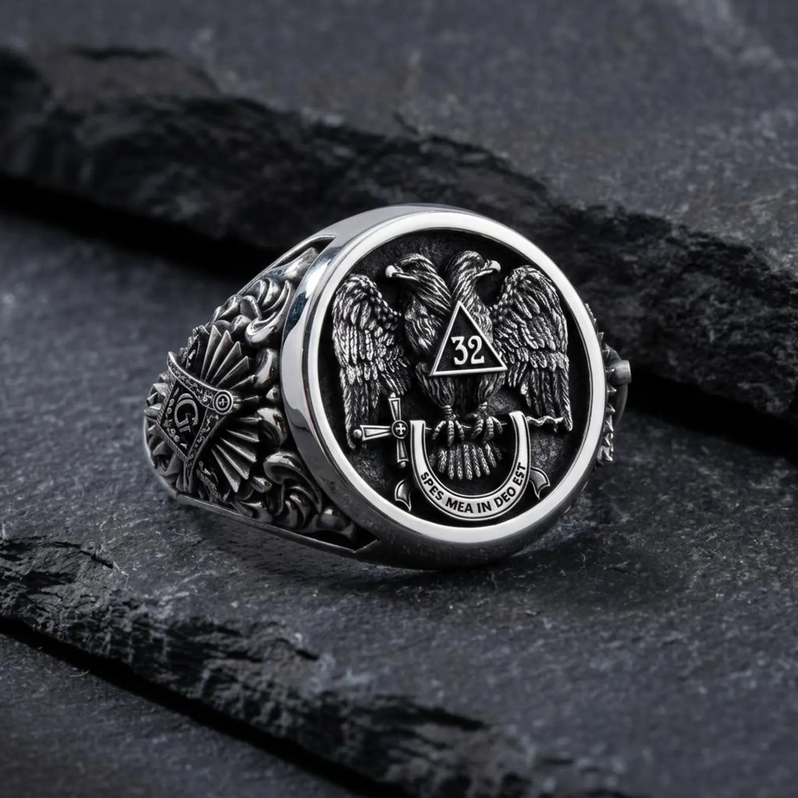 Unique Freemason Style Eagle Ring with intricate feather details and a powerful double headed eagle emblem, handcrafted from premium 925 sterling silver.