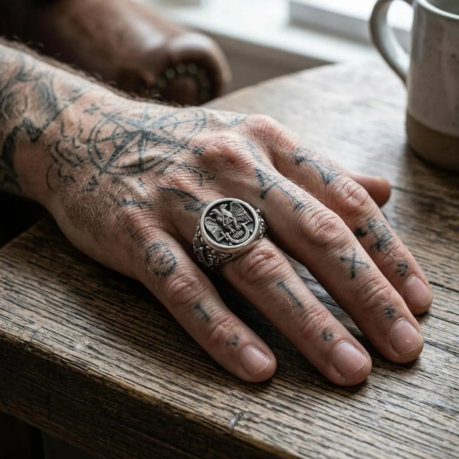 Medieval Inspired Sterling Silver Signet Ring displaying a majestic double headed eagle symbol associated with authority, protection, vigilance, and leadership.