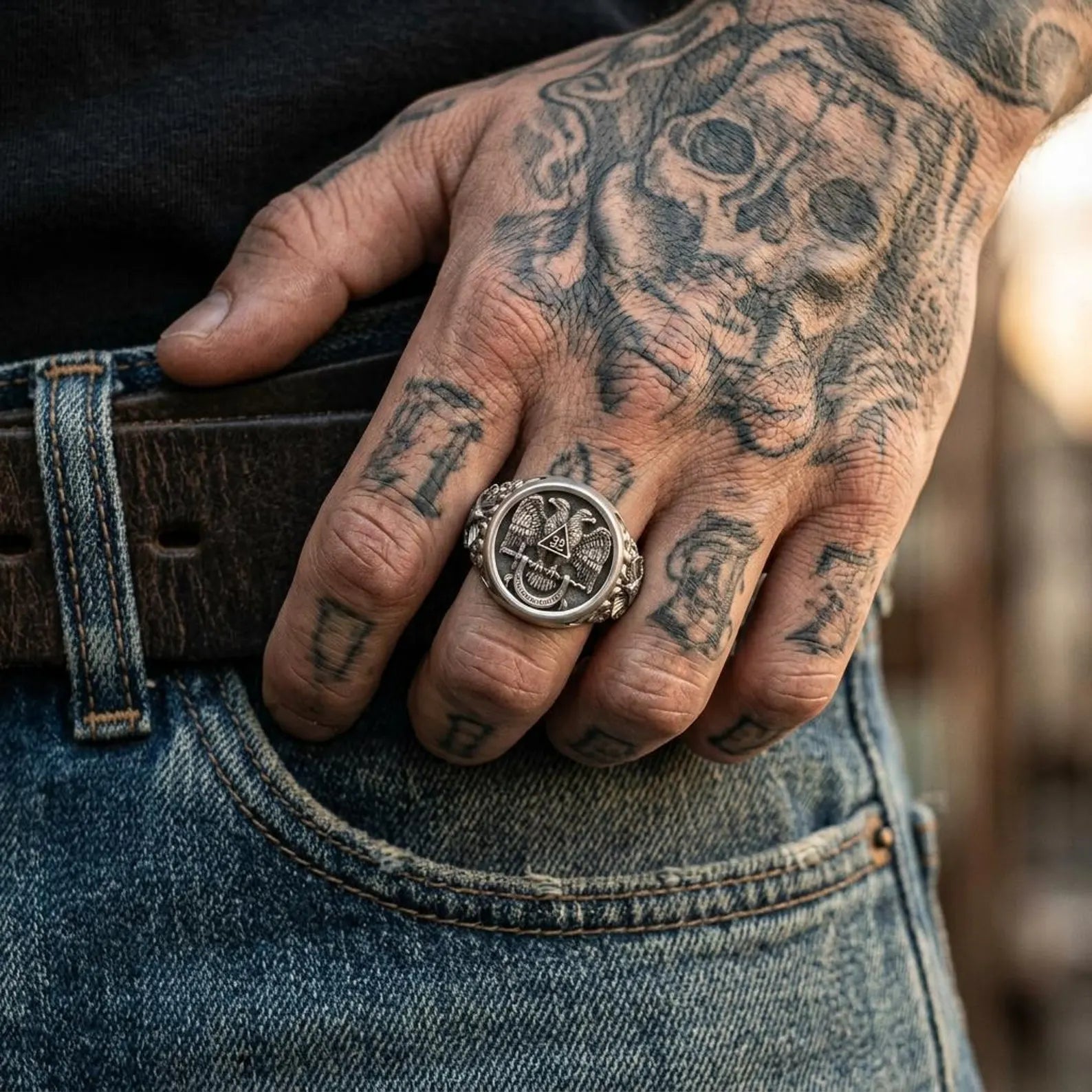 Solid 925 Sterling Silver Freemasonry Inspired Double Headed Eagle Ring with detailed engravings, oxidized finish, and a bold statement signet ring silhouette.