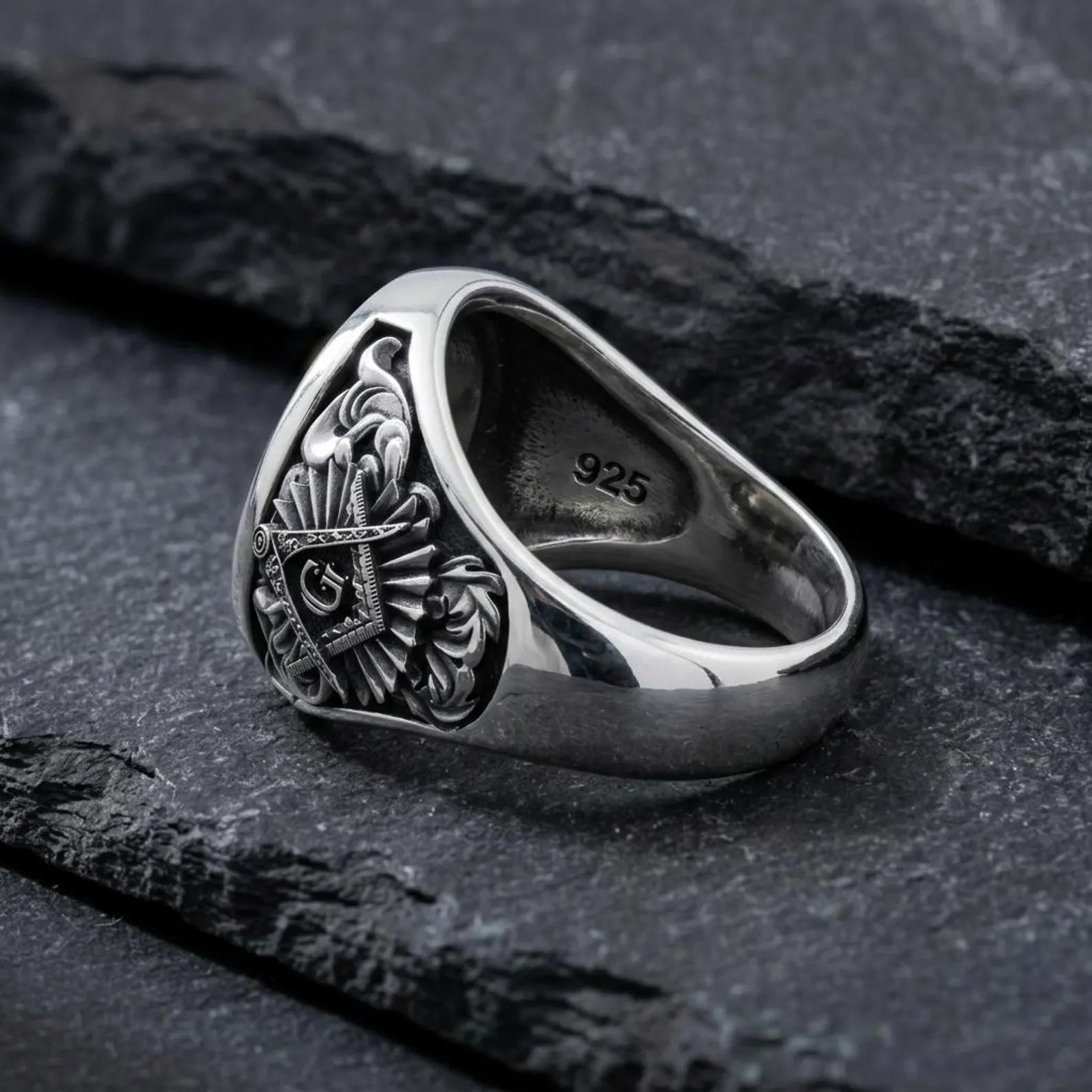 Freemasonry Inspired Sterling Silver Ring featuring a bold double headed eagle motif and detailed gothic engravings, making it an impressive statement accessory.