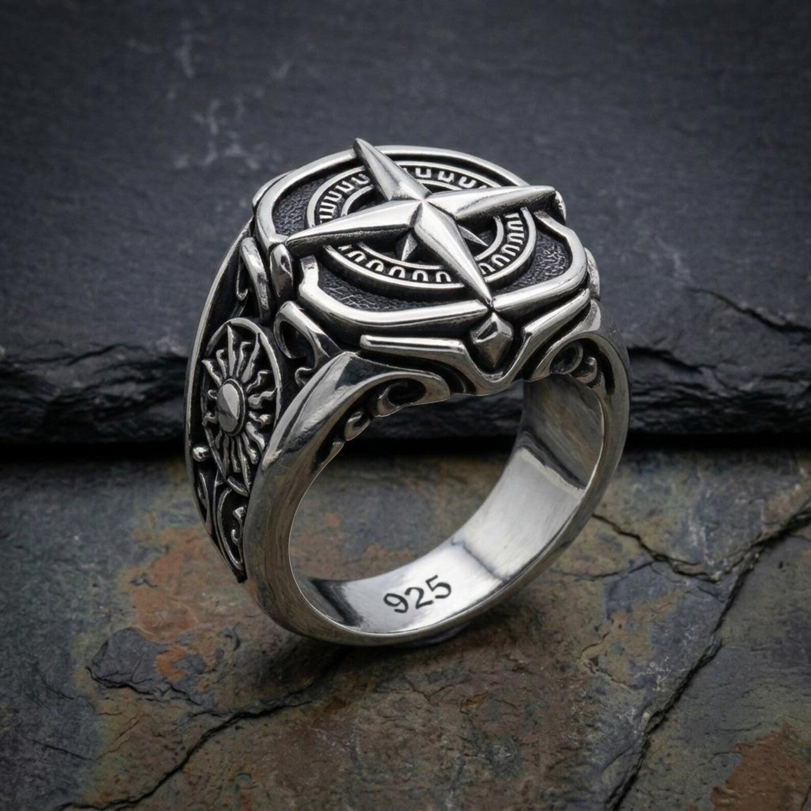 Ocean Lover Gift for Him Sterling Silver North Star Ring Featuring Classic Compass Symbol and Timeless Nautical Style