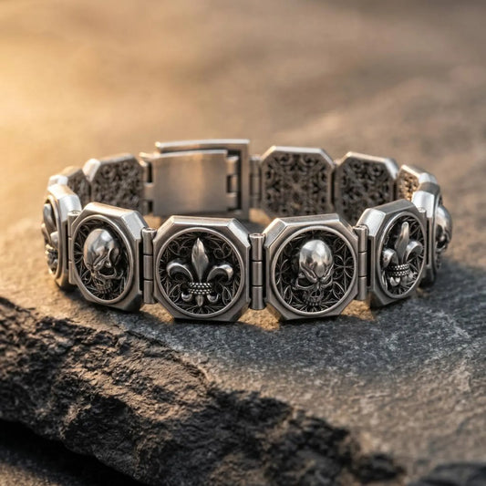 Fleur De Lis Skull Biker Bracelet