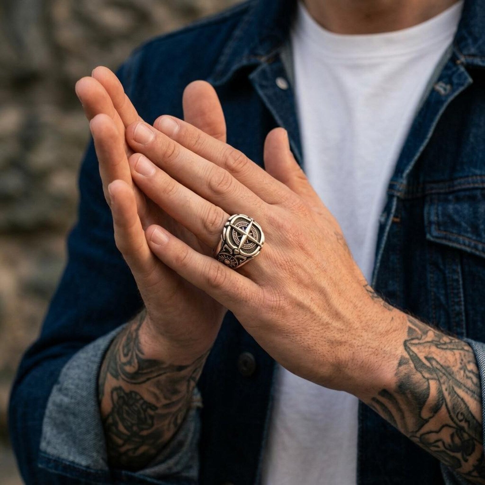 Nautical Compass Ring for Men Crafted in Solid Sterling Silver with Detailed Engraved North Star and Maritime Inspired Design