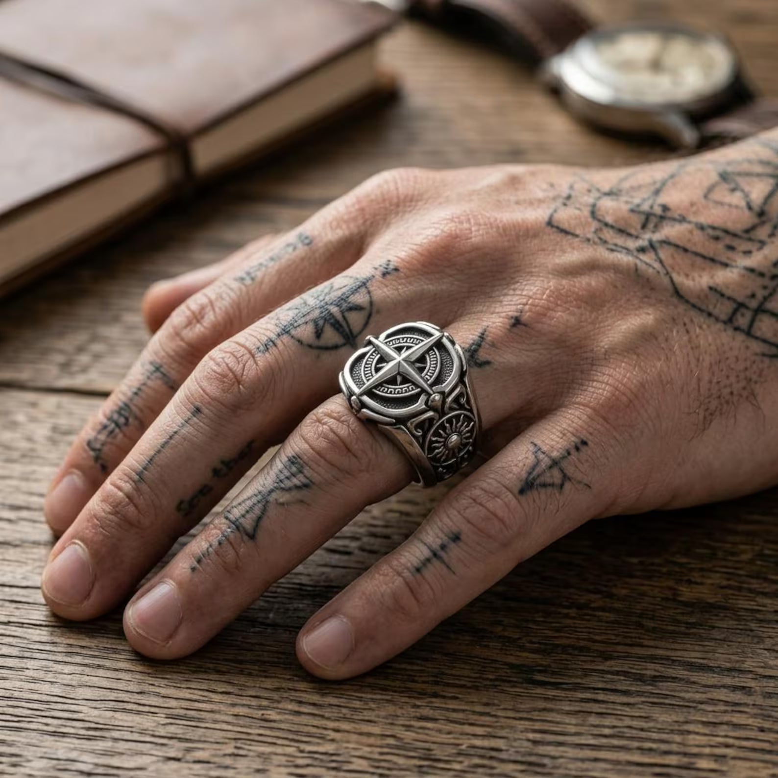 Solid 925 Sterling Silver Compass Signet Ring for Men Inspired by Ocean Adventures Sailing Exploration and the Guiding North Star