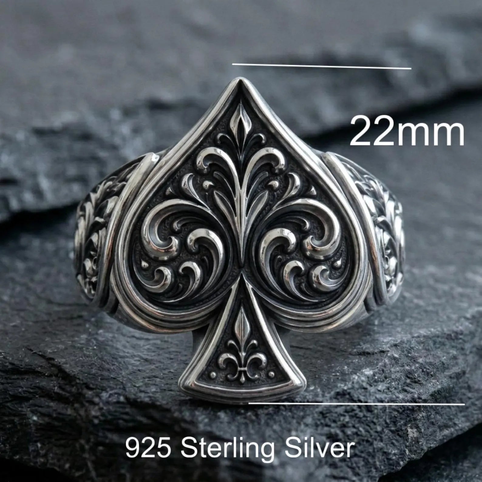 Men's Gothic signet ring crafted from genuine 925 sterling silver featuring a raised Ace of Spades symbol, elaborate ornamental engravings, and an oxidized antique finish inspired by vintage playing cards and Gothic artistry.