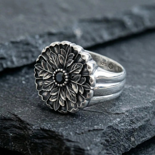 Gothic Floral Black Stone Ring