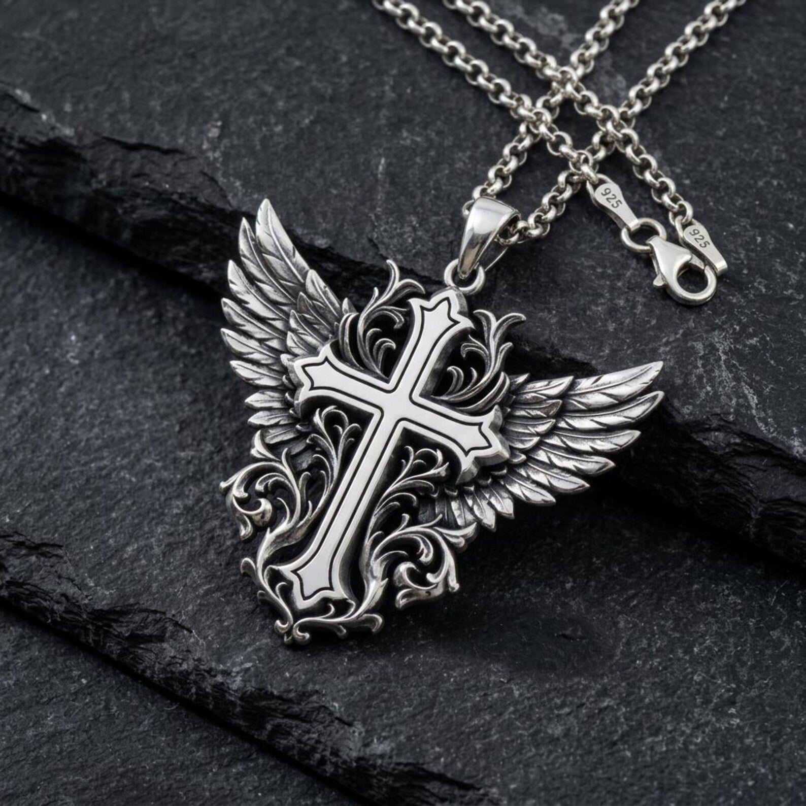 Premium sterling silver Christian Winged Cross necklace featuring elegant Baroque ornamentation, intricately engraved decorative details, and handcrafted artisan workmanship inspired by historic European religious art and timeless faith.