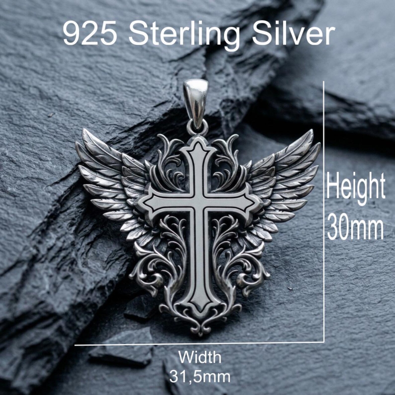 Elegant sterling silver Christian necklace showcasing an intricately sculpted Winged Cross surrounded by ornate Baroque patterns, handcrafted artisan engravings, and an oxidized finish that creates remarkable depth, texture, and vintage character.