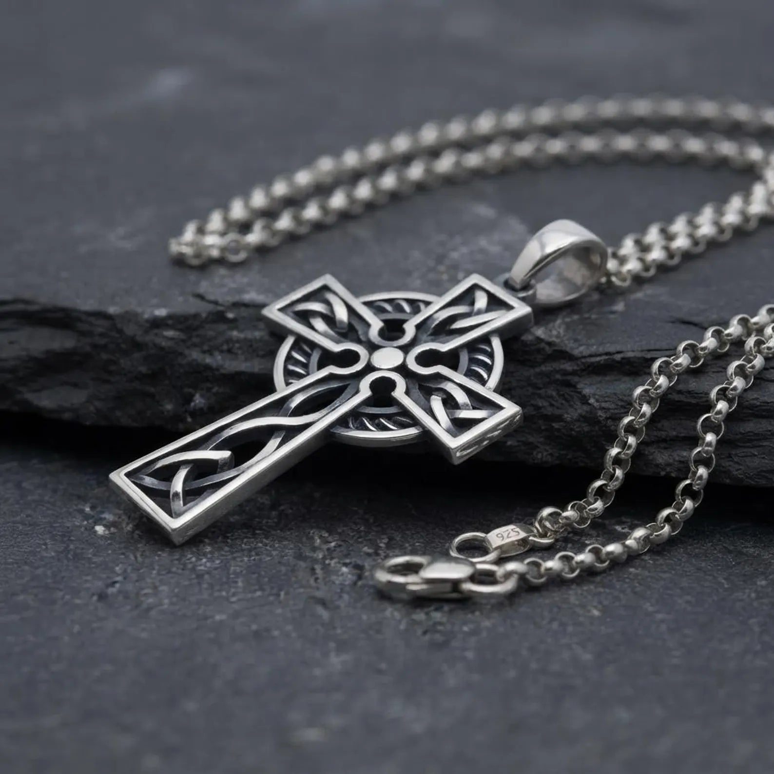 Luxury handcrafted Celtic Cross Necklace made from solid 925 sterling silver with intricate religious engravings and timeless Christian symbolism for everyday wear.