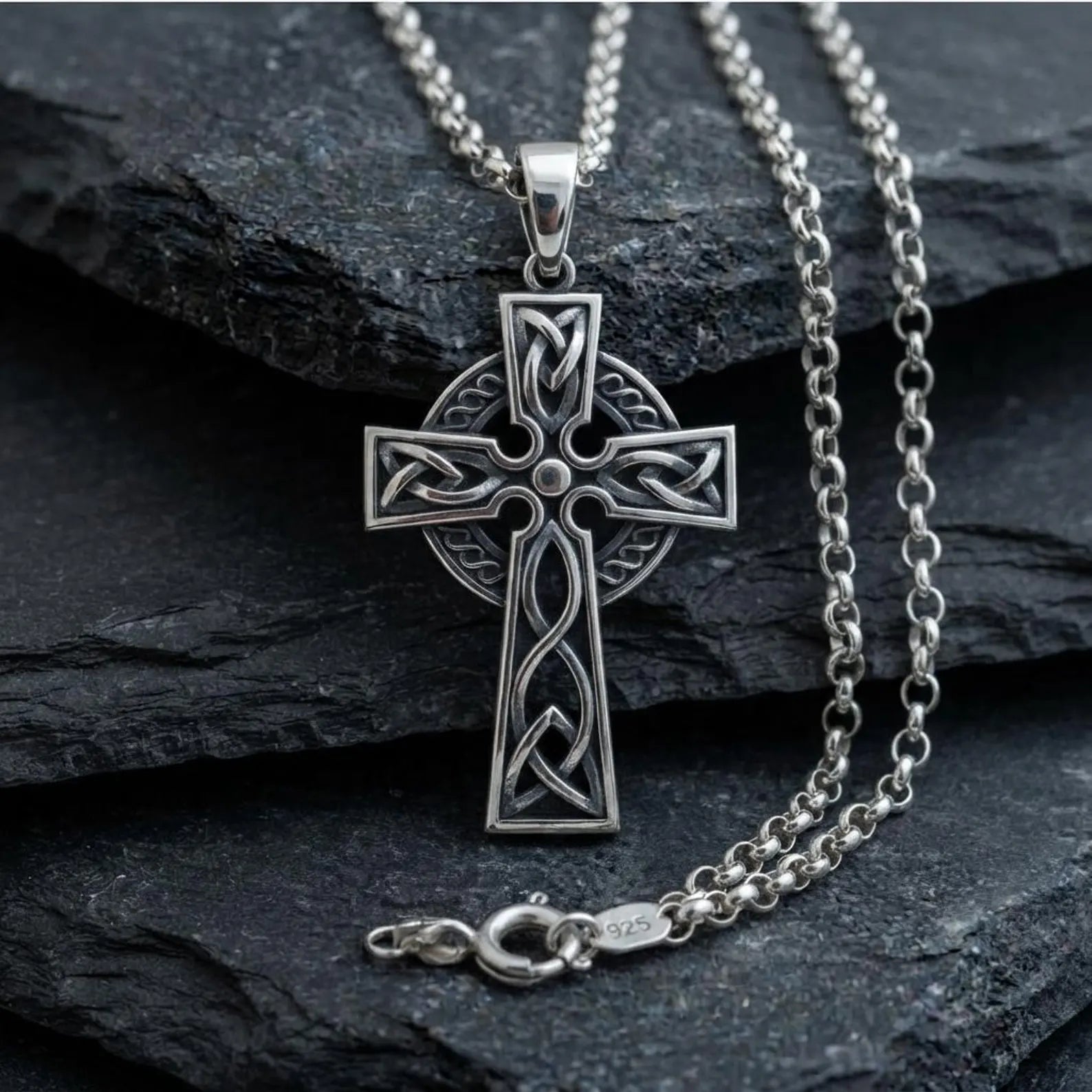Faithful Sterling Silver Celtic Cross Necklace handcrafted from solid 925 sterling silver featuring intricate Celtic knot patterns and timeless Christian symbolism for everyday faith.