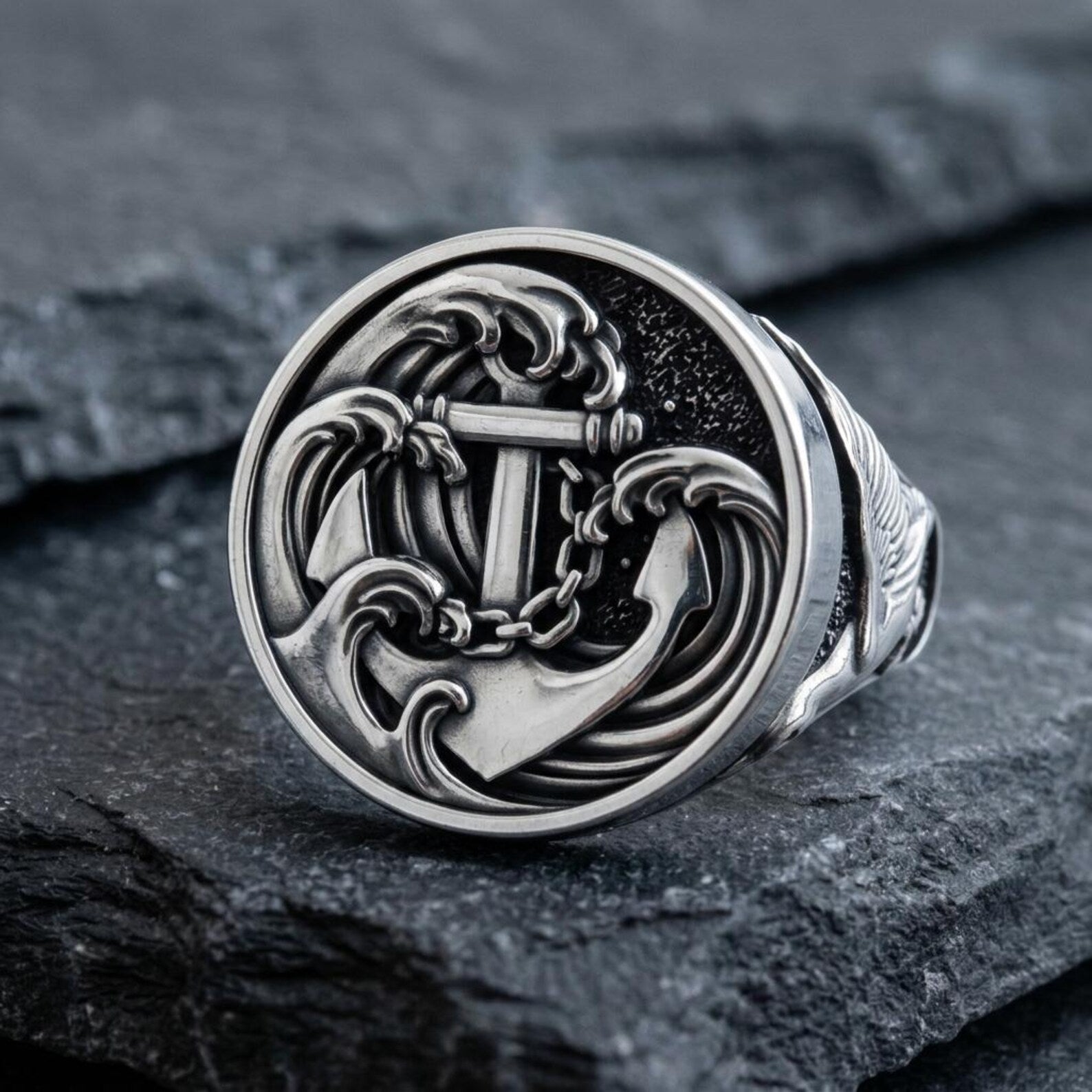 Nautical anchor statement ring crafted from solid 925 sterling silver with a detailed swallow design, vintage engraving, and bold masculine maritime style.
