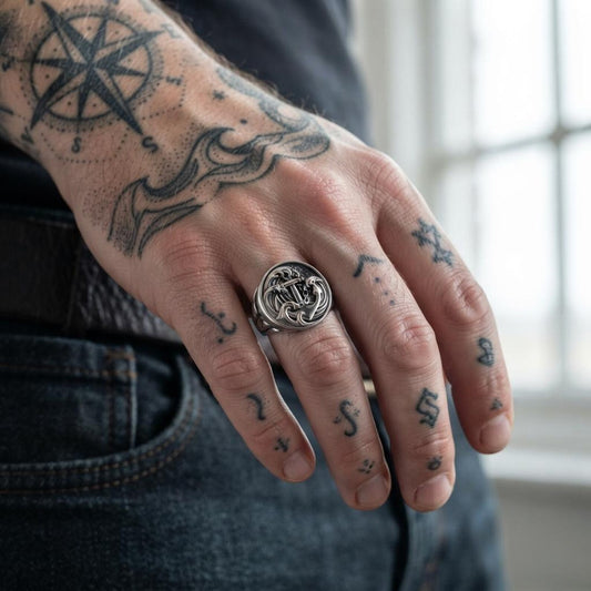 Handmade sterling silver anchor ring featuring an elegant swallow motif, nautical symbolism, and artisan craftsmanship for sailors, adventurers, and sea lovers.