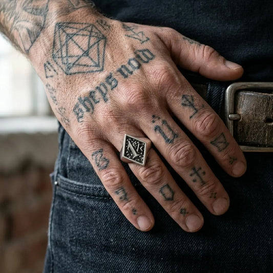 Men's sterling silver biker skull ring inspired by one percenter motorcycle culture, handcrafted with intricate Gothic details and rugged artisan craftsmanship.